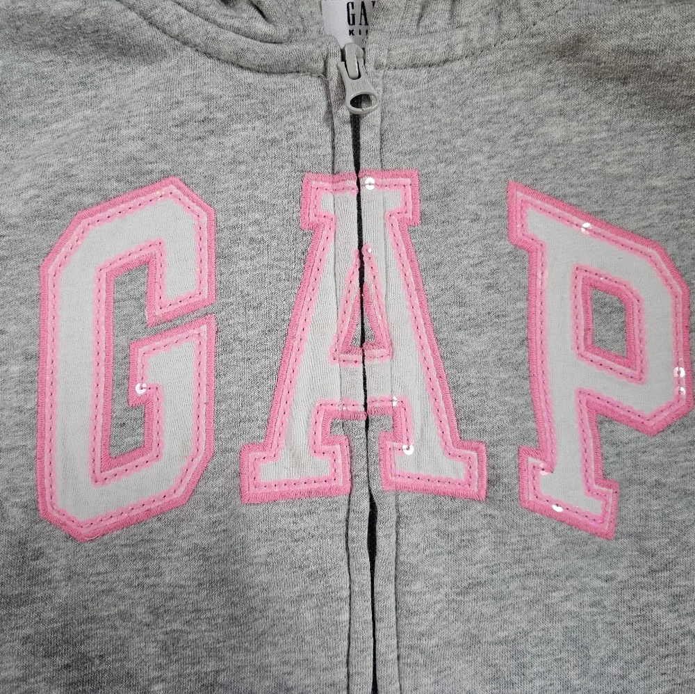 Gap Kids' Gray Zip Hoodie with Pink Logo- Medium